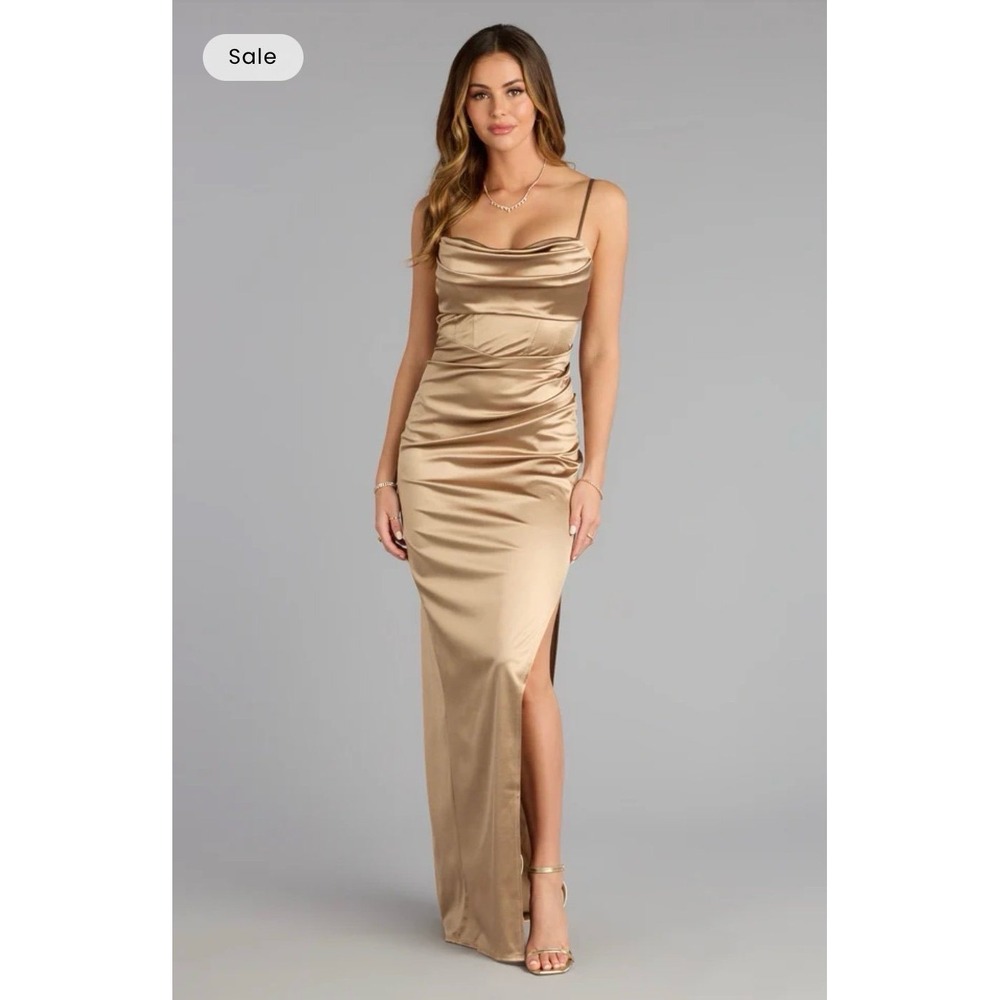 Iliana Cowl Neck High Slit Satin Column Dress XS 1:4